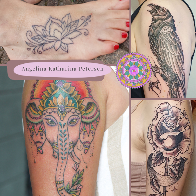 Tattoo-Collage von Angelina Katharina Petersen mit Motiven wie Ganesha, Rabe, Mandala und Rose mit Mond, dazu Logo und Name