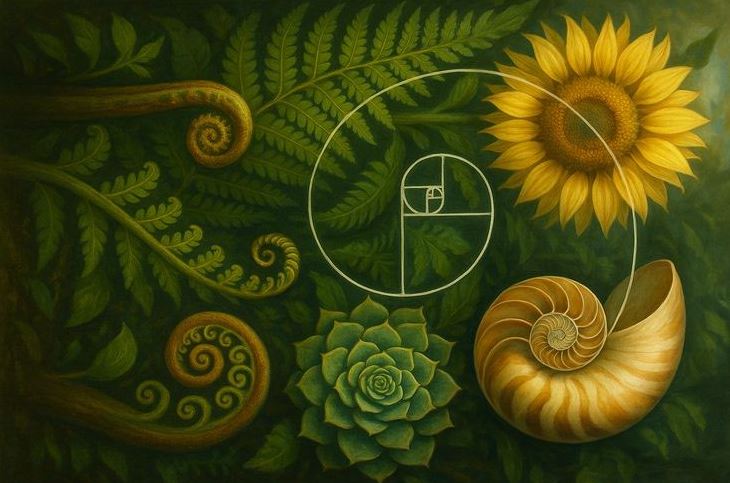 Der Goldene Schnitt inmitten von Pflanzen wie Farn und Sonnenblumen. Naturelemente. Das Bild spricht für einen Blogbeitrag über Synchronizität