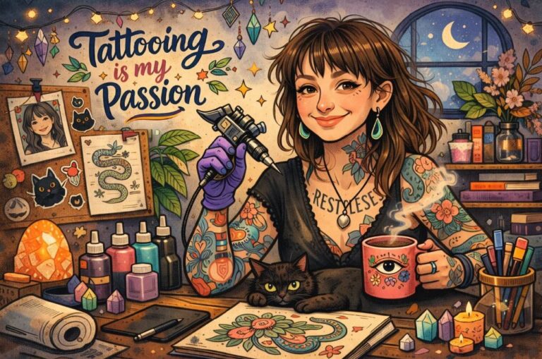 Angelina Katharina Petersen, inmitten von Kunst und Tattoovorlagen. Sie tätowiert in Leipzig in ihrem privaten Studio. Achtsam und nachhaltig seit 2011